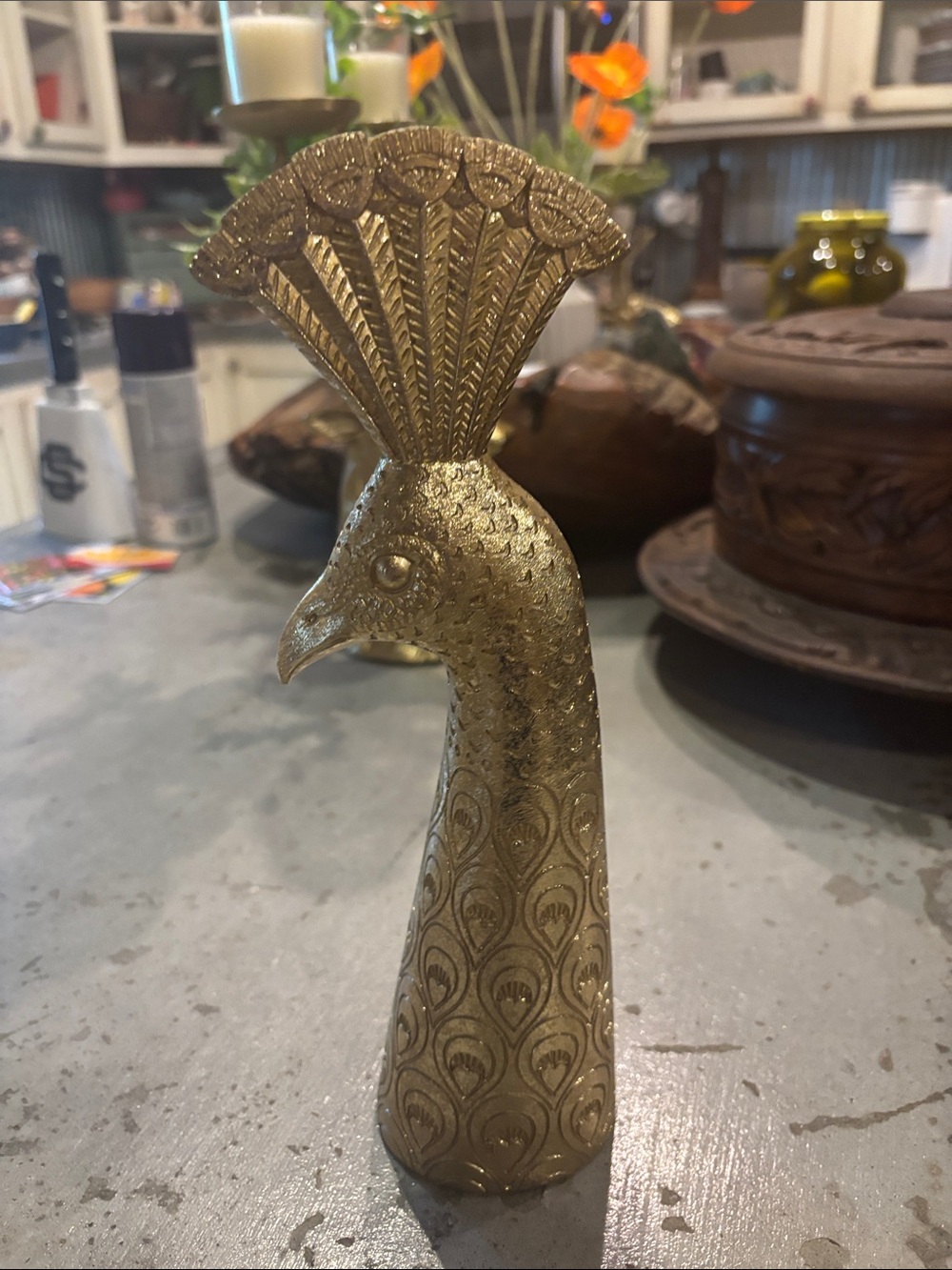 Brass Peacock Figurine Decorative Sculpture - Gold